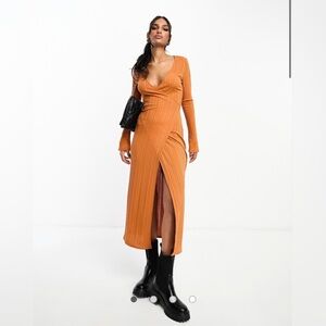 ASOS Design Orange Long Sleeve Textured Wrap Midi Dress  with Tie in Rust